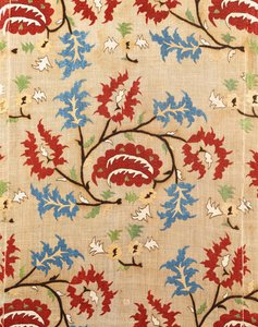 Detail of a Linen Cover, Embroidered with a Meander of Red and Blue Flower Sprays by Ottoman School