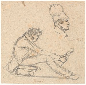 H.E. Freund sitting on a stool and contemplating a drawing. Above right, profile portrait of J. Th. Lundbye. by P.C. Skovgaard