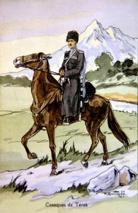 Postcard depicting a Terek Cossack, c.1914 by P. (after) Dmitroff