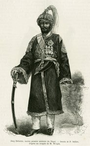 Jang Bahadur, Prime Minister of Nepal. Engraving by P.Sellier to illustrate the story Voyage au Nepal, by Dr. Gustave Le Bon, in le tour du monde 1886, directed by Edouard Charton, Hachette, Paris