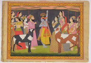 Krishna Lifting Mount Govardhana, from the Bhagavata Purana, Kulu, Himachal Pradesh by Pahari School