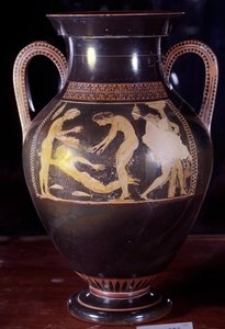 Attic ceramic amphora with white figures representing a woman bath scene. Attributed to Andokides (6th century BC) by Painter Andokides
