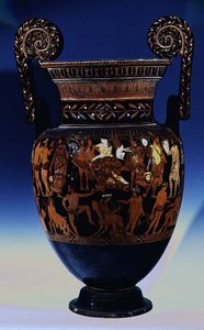 Attic Red-Figure Volute-Crater with Actors and Musicians Preparing for a Performance Before Bacchus and Ariadne, Greek, from Ruvo, 5th Century BC by Painter Pronomos