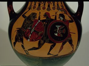 Attic black-figure amphora decorated with a scene of Heracles dressed in a lion skin fighting Cycnus, c.540 BC by Painter of Berlin