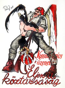 Hungarian revolutionary strangling the double-headed Austro-Hungarian eagle and proclaiming Kossuth