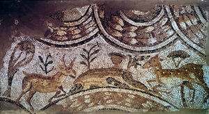 Paleochristian art: fragment of church mosaics: deer and deer drinking Water. 6th century AD. From Carthage, Bir Ftouha, Tunisia