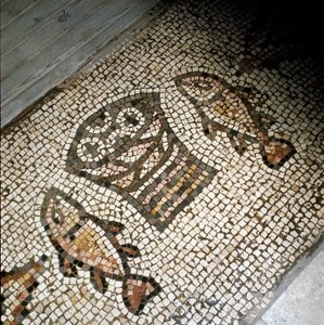 The miracle of the fishes and breads, mosaic 4th or 5th century by Paleo Christian