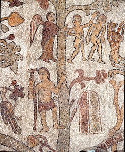 Adam and Eve Expelled from the Garden of Eden, Mosaic of Pantaleone, Priest and Mosaicist. 1163-1166. Central Nave of the Cathedral of Otranto