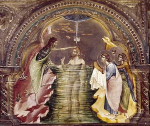 The baptism of Jesus (detail of the polyptic of Santa Chiara, circa 1350) by Paolo Veneziano