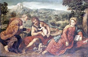 Holy Family with St. John the Baptist in a Landscape by Paris Bordone