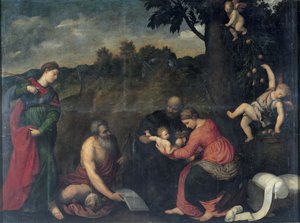 The Holy Family with Saints Jerome, Catherine of Alexandria and Angels by Paris Bordone