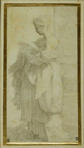 Standing figure of a girl with bulky draperies by Parmigianino 