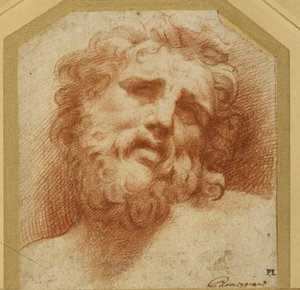 A bearded head, looking up (possibly Laocoon) by Parmigianino
