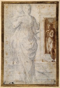 Back view of a woman carrying a child; a man leaning on his staff waits in a doorway