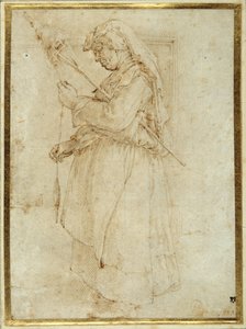 Old woman with a distaff, standing before a fireplace by Parmigianino