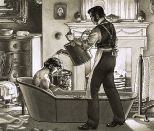 A man being bathed by his valet by Pat (1907-95) Nicolle