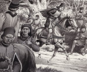 Conspirators look on as Lorenzo de Medici rides by
