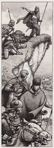 Ancient Britons spotting the invading forces of Julius Caesar in 55BC by Pat (1907-95) Nicolle