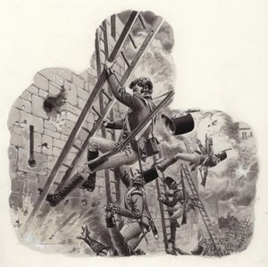 British soldiers under fire from the French during the attack on Badajoz by Pat (1907 95) Nicolle