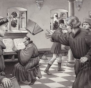 Poggio Bracciolini throws a book at a fellow scholar, Tortelli