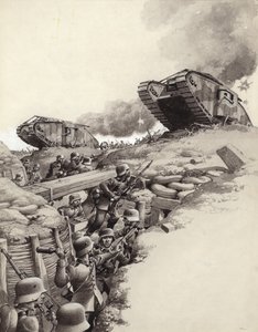Tanks roll over German trenches during the Great War