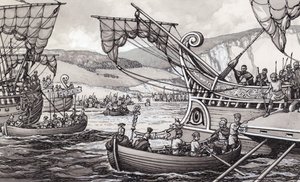 The Romans invading England in 55BC under Julius Caesar