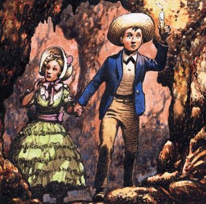 Unidentified boy leading girl through cave by candlelight