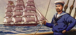 Well-dressed sailor and square-rigger sailing ship