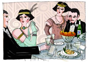 Illustration depicting a worldly dinner in “Gatsby the Magnificent” by American writer Francis Scott Fitzgerald (The Great Gatsby)