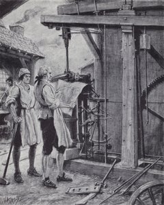 James Watt at work on the steam engine by Paul (after) Hardy