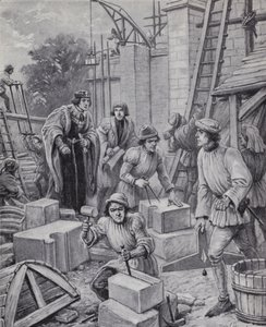 King Henry VI overseeing the building of Eton College that he founded in 1440