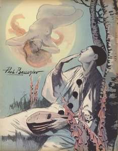 Pierrot blowing a kiss towards a vision of a naked woman