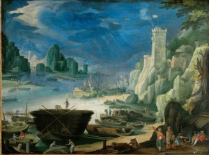 Night Harbor Landscape with Lighthouse by Paul Bril