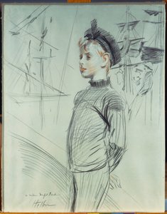 Portrait of a Young Boy in a Sailor Hat and Turtle-Neck, with Ships in the Background