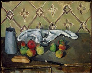 Fruits, napkin and milk box by Paul Cézanne