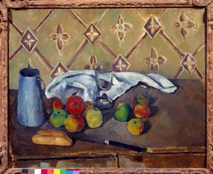 Fruits, towel, bread and milk box by Paul Cézanne