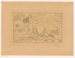 Woman reading lying on a bed by  (signed by artist) Paul Élie Ranson