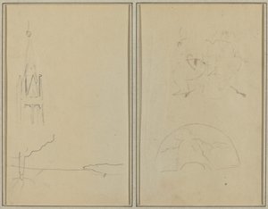 Church Tower; A Sketch of a Fan (recto)