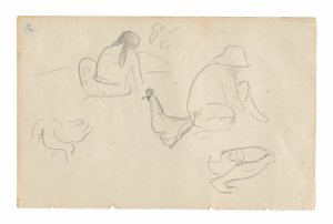 Sketches of Seated Figures and Chickens (recto), Nude Female Torso (related to the painting Te a no areois [The Seed of the Areoi]) (verso), from the Carnet de Tahiti (Tahitian sketchbook)