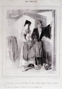 2 poor women in conversation on the stairs about men, “Les Lorettes”, Gavarni, c. 1840 by Paul Gavarni