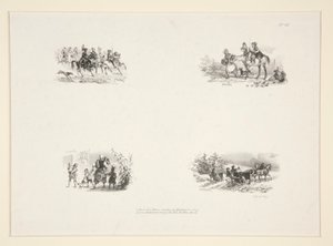 Four Subjects: A Cavalcade; Four Children; A Peasant Woman Carrying a Small Child; Travelers by Paul Gavarni