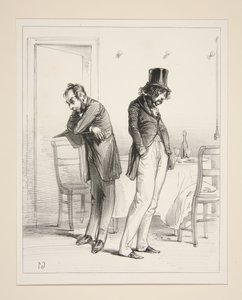 A Private Room. The waiter said a pink hat, a veil, a black shawl... by Paul Gavarni