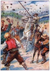They pelted Don Quixote with a shower of stones, illustration from 