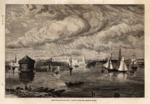 The entrance to the port of New York, drawing by Paul Huet, to illustrate the voyages to North America in 1854-1855, by L. Deville. Engraving in 