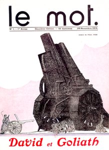 David and Goliath: French soldier facing German army excessively armed and unable to maneuver, in French newspaper Le Mot November 29