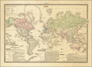 1840 French Map of the World Depicting the Territories of the British, French and Russian Empires by Paul Kaeppelin