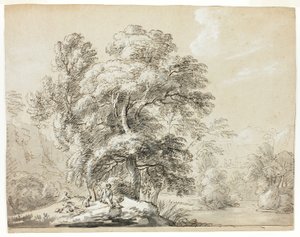 Man and Dog Seated Below Trees by River