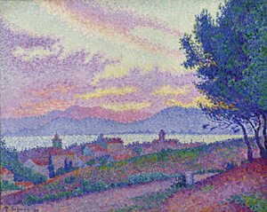 View of Saint-Tropez, sunset in the pine forest