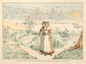Illustration taken from the book Joan of Arc by Theodore Cahu and illustrated by Paul De Semant: Allegory to the memory of Joan of Arc; the women of Alsace and Lorraine bring crowns to the house of Joan of Arc by Paul de Semant