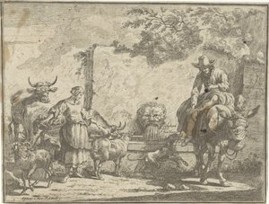 Woman and Man on a Donkey by a Water Well